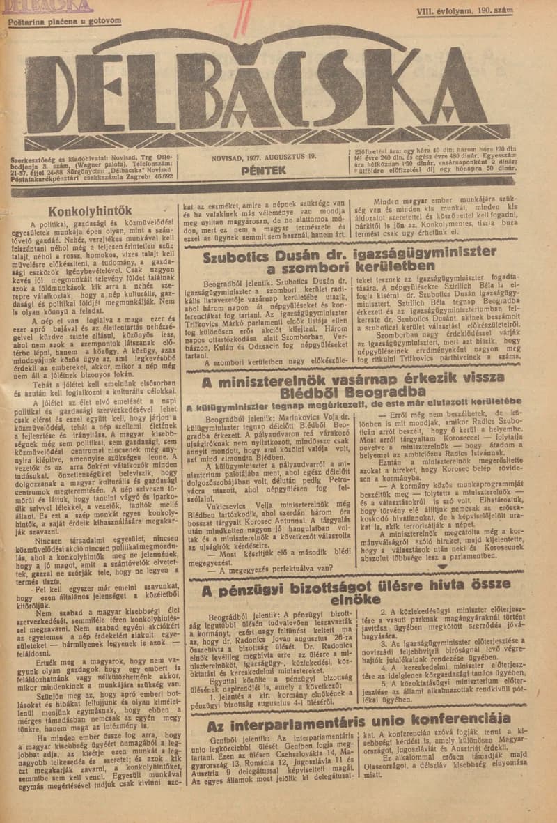Délbácska, 8. évf. 1927. augusztus 19. 190. sz.