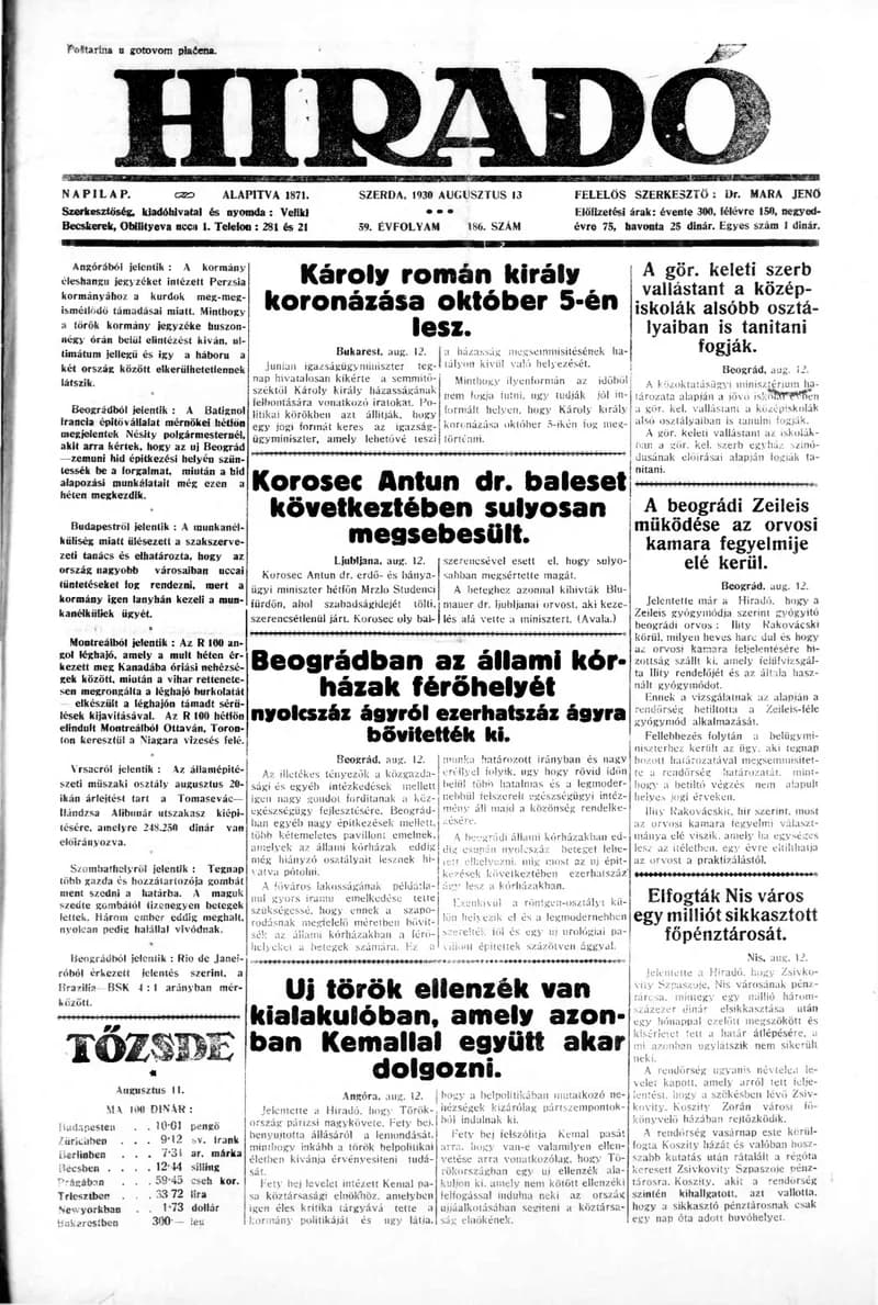 Híradó, 59. évf. 1930. augusztus 13. 186. sz.