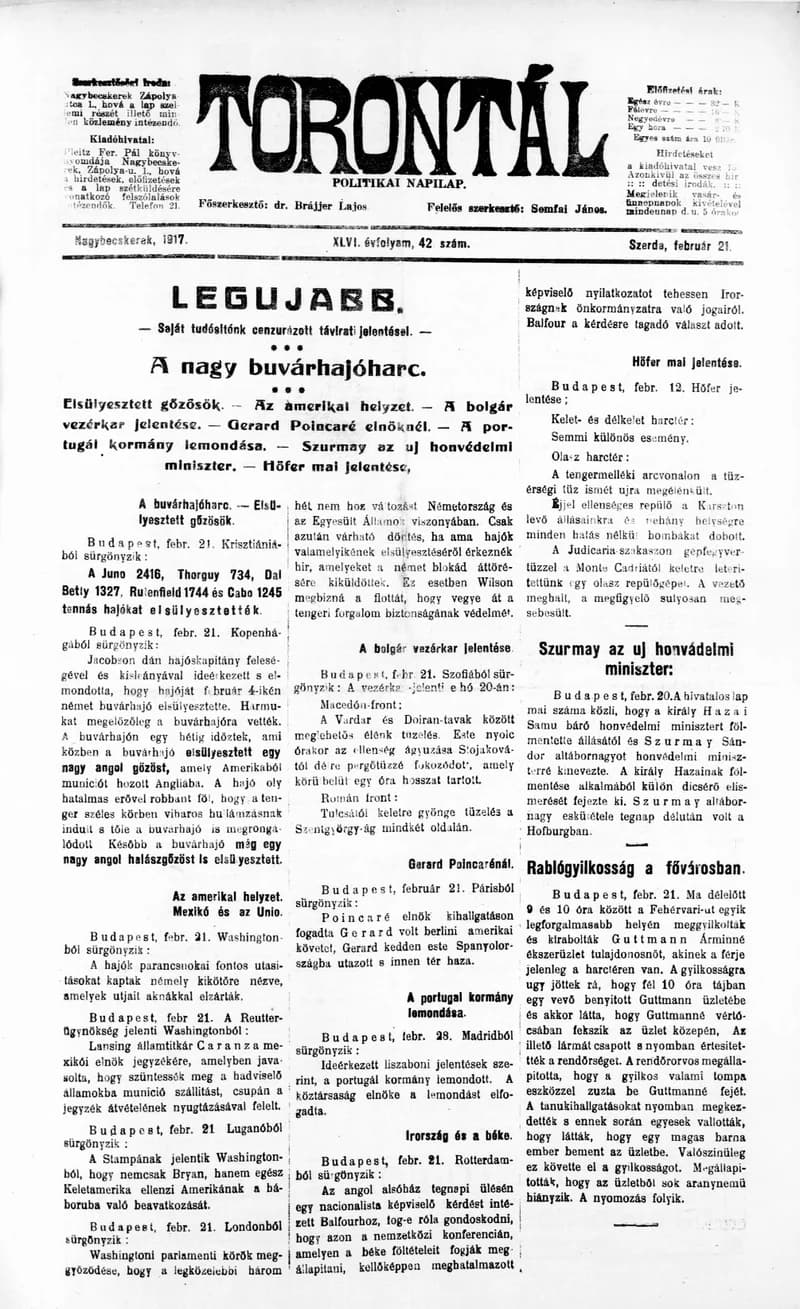 Torontál, 46. évf. 1917. február 21. 42. sz.