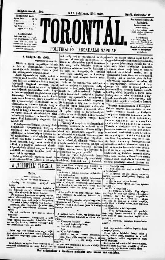 Torontál, 21. évf. 1892. december 12. 264. sz.