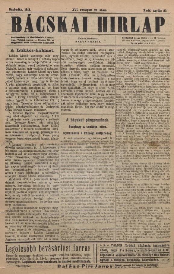 Bácskai Hirlap, 16. évf. 1912. április 23. 92. sz.