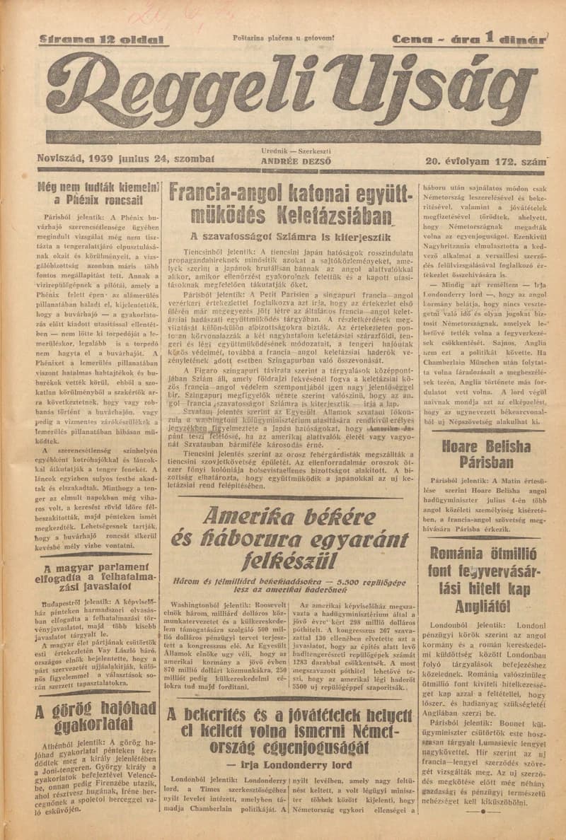 Reggeli Újság, 20. évf. 1939. június 24. 172. sz.