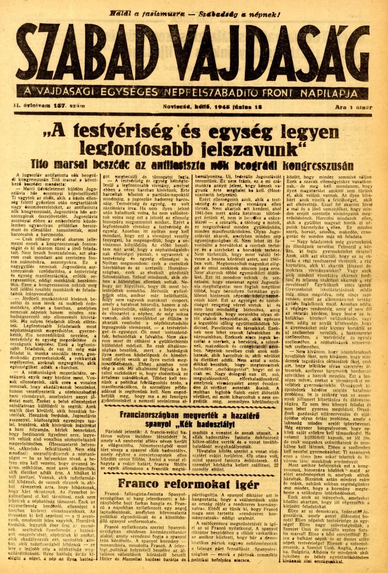 Szabad Vajdaság, 2. évf. 1945. június 18. 137. sz.