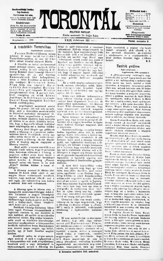 Torontál, 29. évf. 1900. november 9. 257. sz.