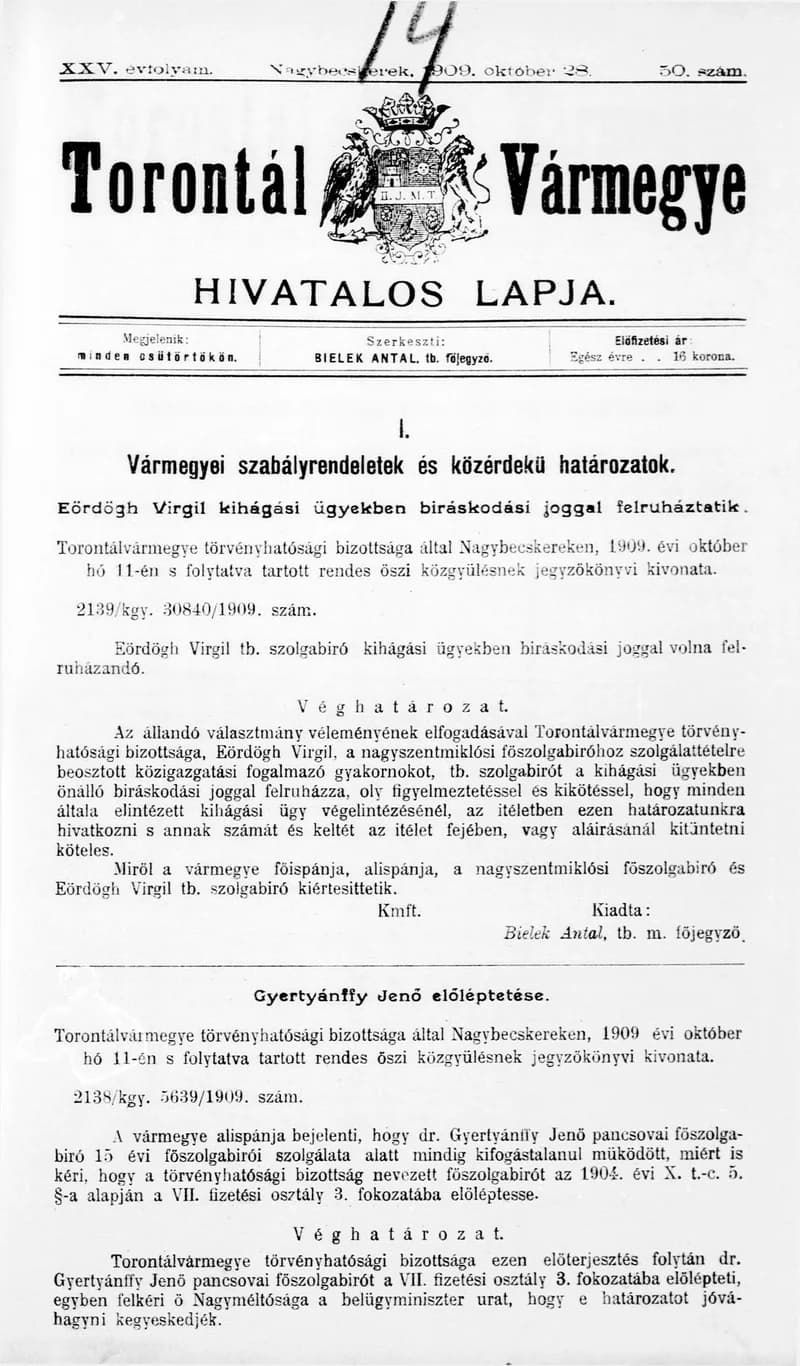 Torontál Vármegye Hivatalos Lapja, 25. évf. 1909. október 28. 50. sz.