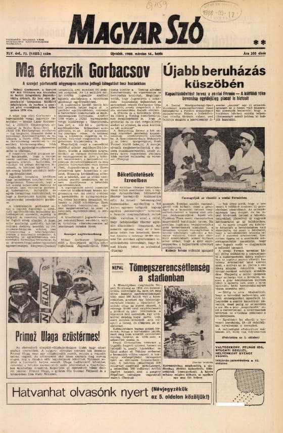 Magyar Szó, 45. évf. 1988. március 14. 72. sz. 1–20. oldal