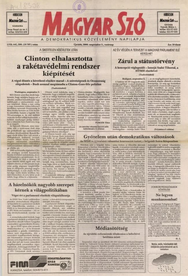Magyar Szó, 57. évf. 2000. szeptember 3. 208. sz. 1–24. oldal