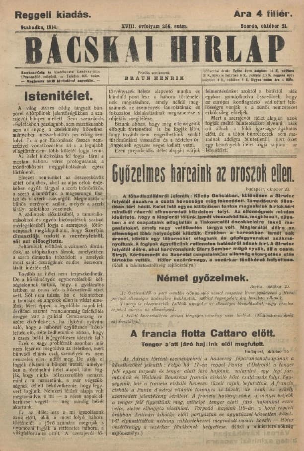 Bácskai Hirlap, 18. évf. 1914. október 21. 256. sz.