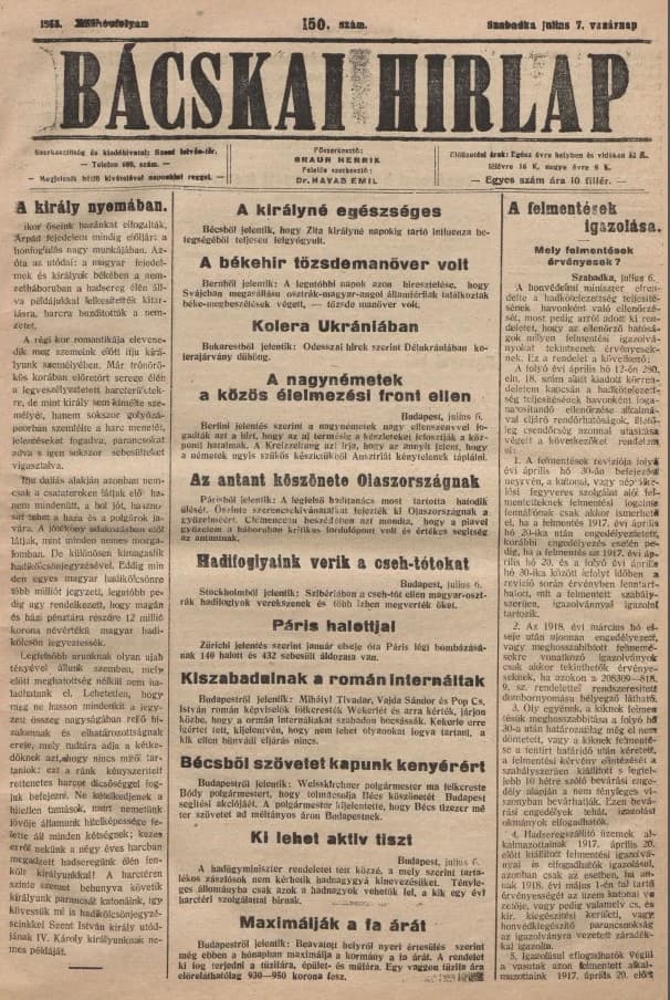 Bácskai Hirlap, 22. évf. 1918. július 7. 150. sz.