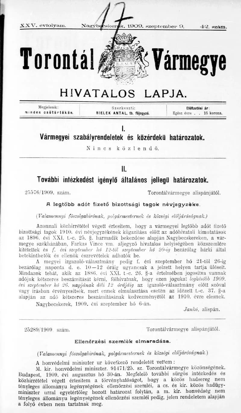 Torontál Vármegye Hivatalos Lapja, 25. évf. 1909. szeptember 9. 42. sz.
