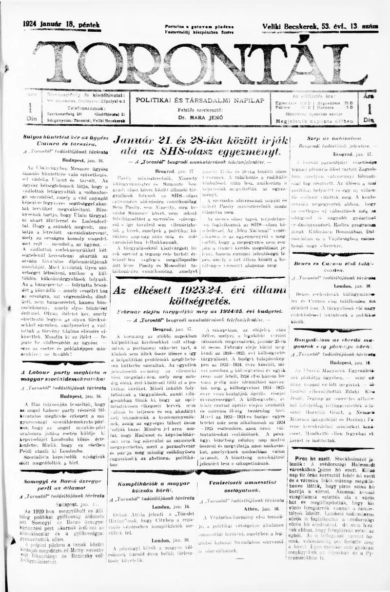 Torontál, 53. évf. 1924. január 18. 13. sz.