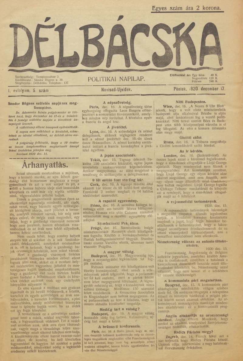 Délbácska, 1. évf. 1920. december 17. 5. sz.