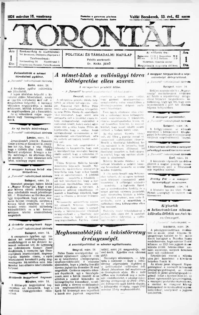 Torontál, 53. évf. 1924. március 16. 62. sz.