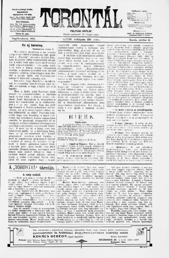 Torontál, 34. évf. 1905. október 18. 238. sz.
