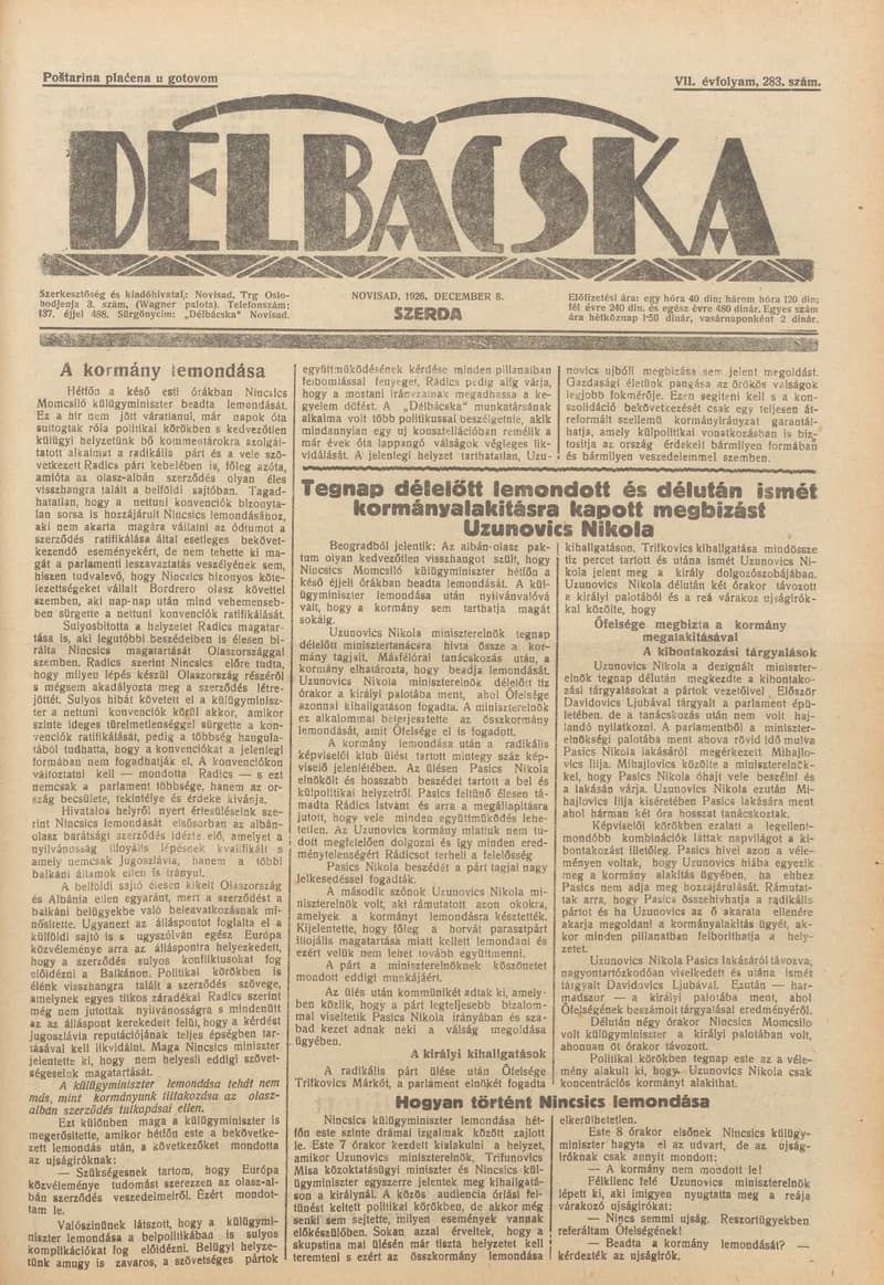 Délbácska, 7. évf. 1926. december 8. 283. sz.