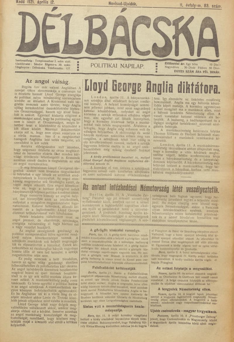 Délbácska, 2. évf. 1921. április 12. 83. sz.