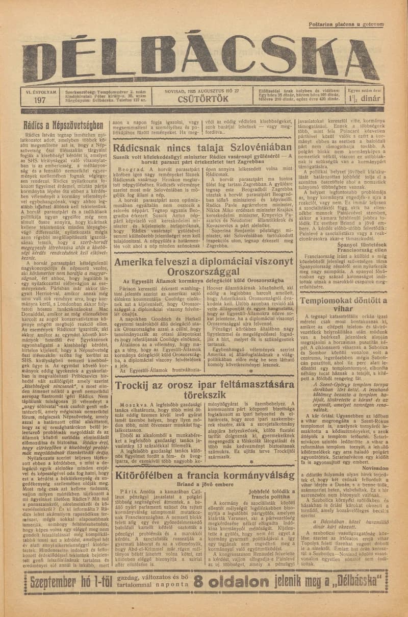 Délbácska, 6. évf. 1925. augusztus 27. 197. sz.