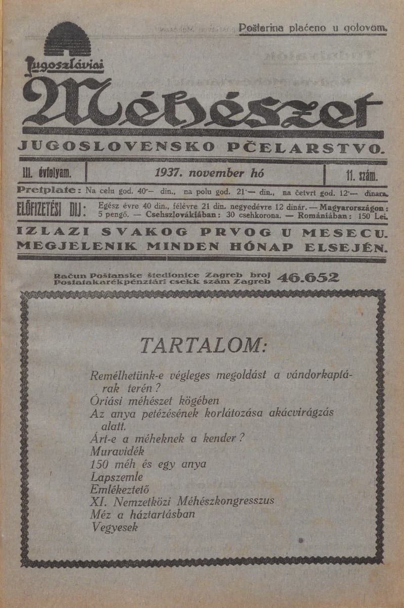 Jugoszláviai méhészet, 3. évf. 1937. november 1. 11. sz.