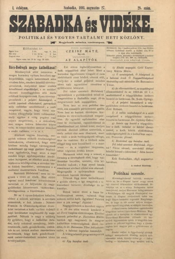 Szabadka és vidéke II, 1. évf. 1893. augusztus 27. 28. sz.