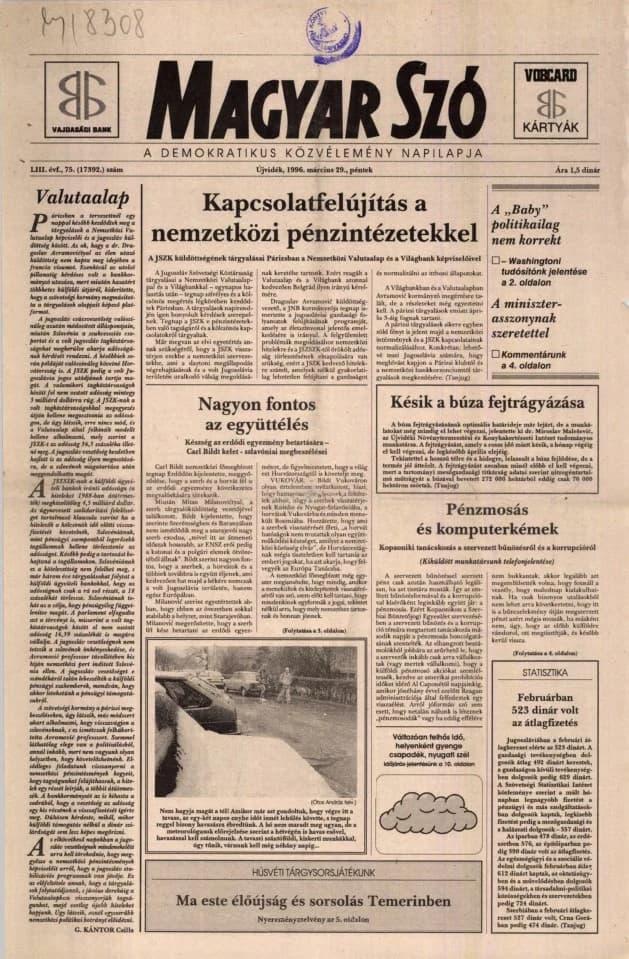 Magyar Szó, 53. évf. 1996. március 29. 75. sz. 1–16. oldal