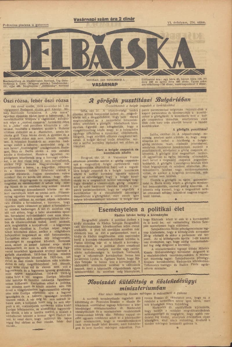 Délbácska, 6. évf. 1925. november 1. 254. sz.