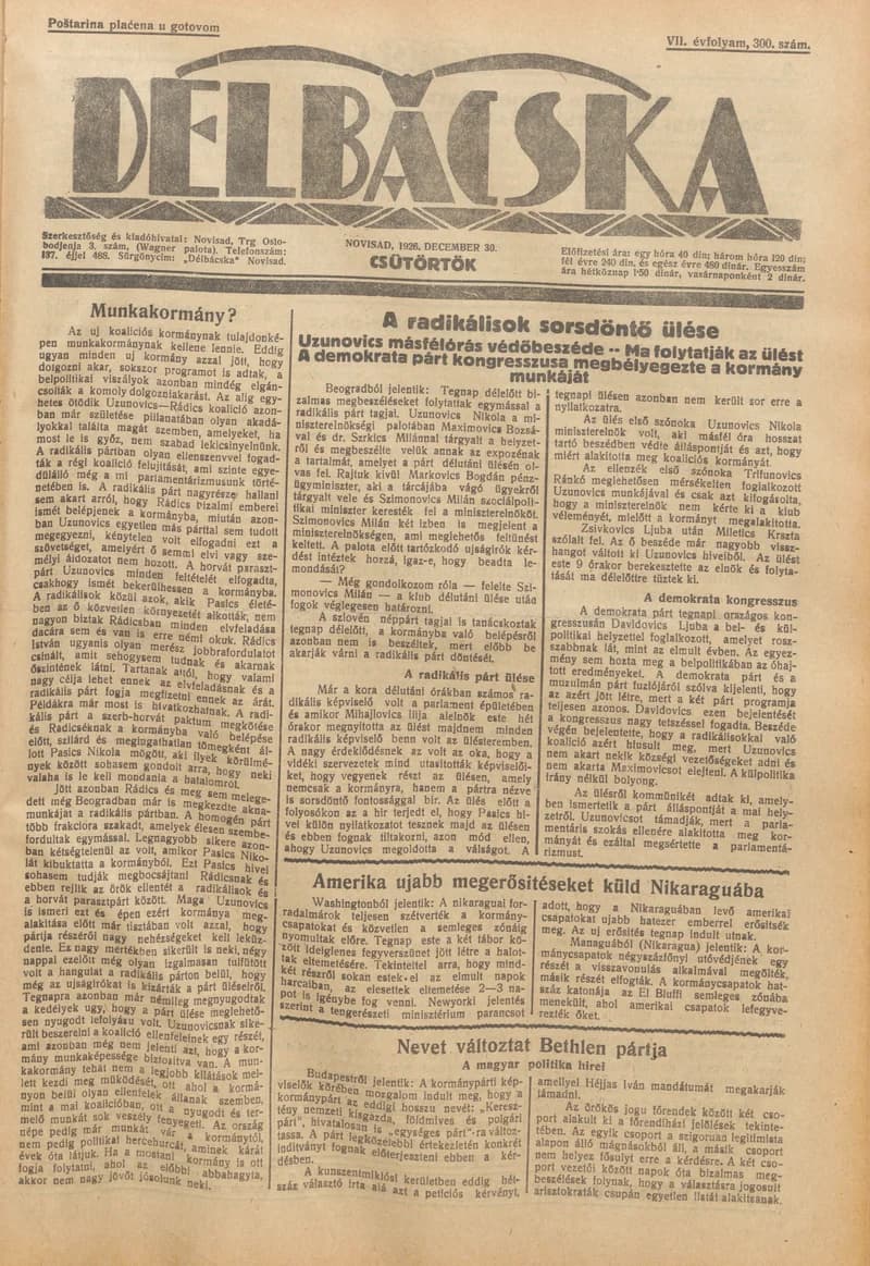 Délbácska, 7. évf. 1926. december 30. 300. sz.