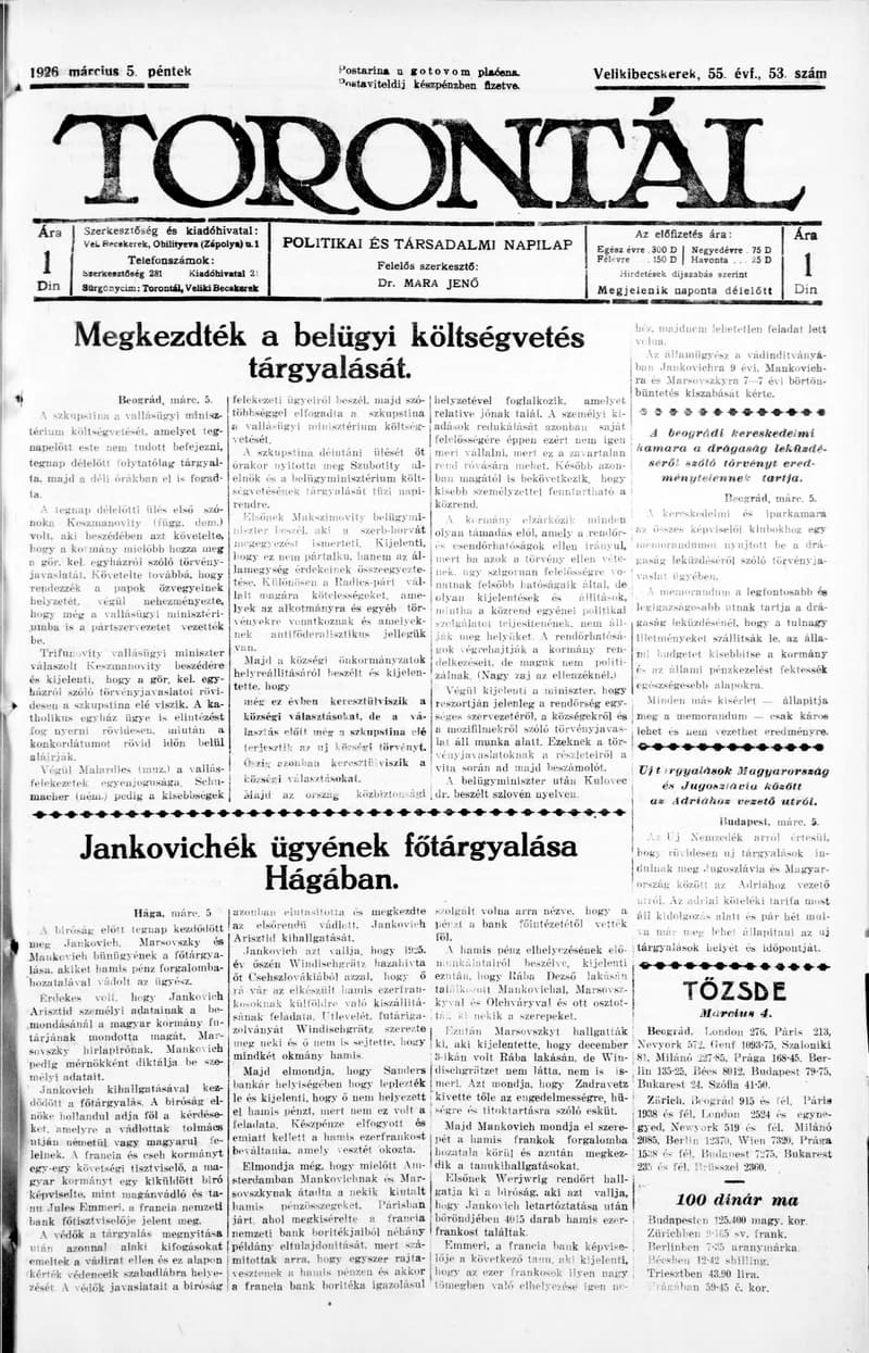 Torontál, 55. évf. 1926. március 5. 53. sz.