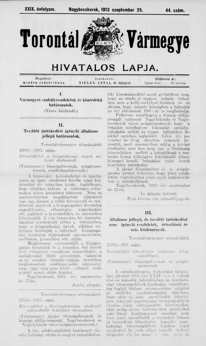 Torontál Vármegye Hivatalos Lapja, 29. évf. 1913. szeptember 25. 44. sz.