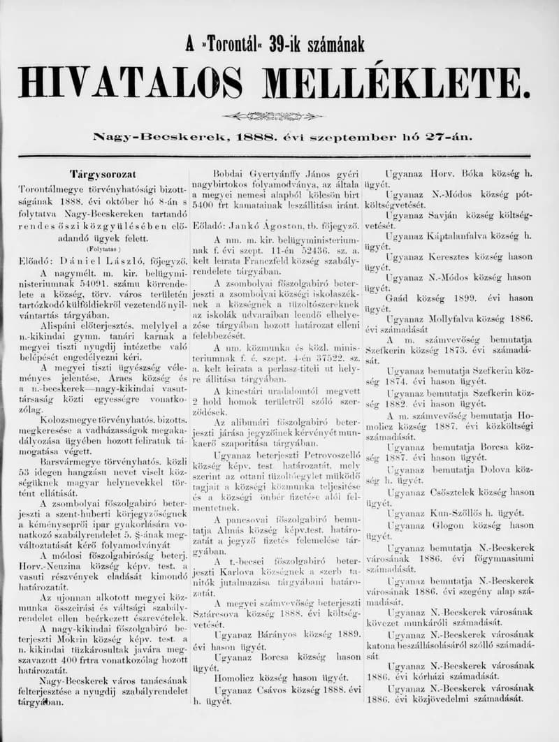 A Totontál  hivatalos melléklete, 1. évf. 1888. szeptember 27. 39. sz.