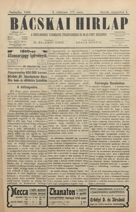 Bácskai Hirlap, 10. évf. 1906. augusztus 1. 177. sz.