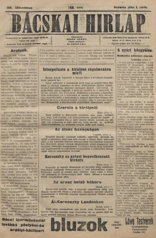 Bácskai Hirlap, 22. évf. 1918. július 3. 146. sz.