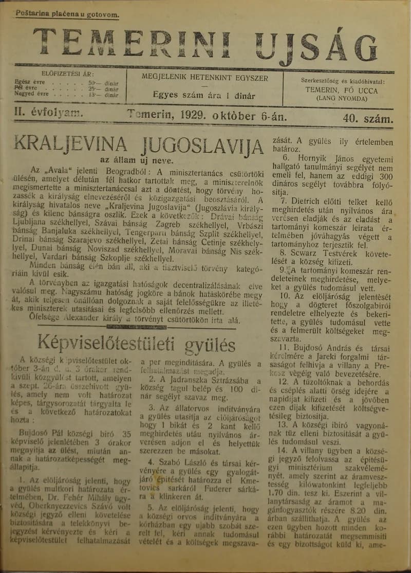 Temerini Újság 1928-1944, 2. évf. 1929. október 6. 40. sz.