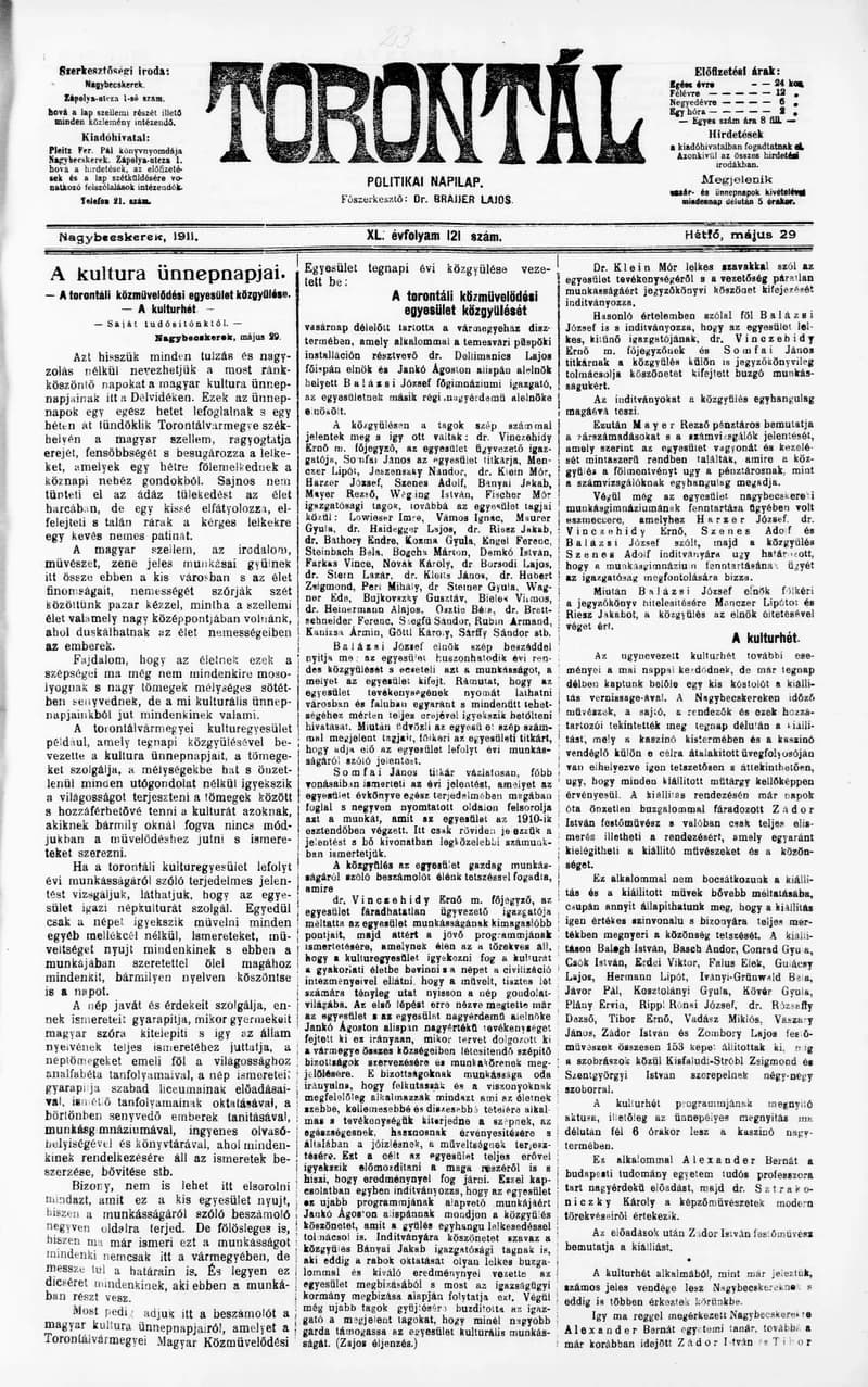 Torontál, 40. évf. 1911. május 29. 121. sz.