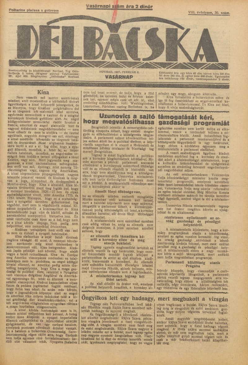 Délbácska, 8. évf. 1927. február 6. 30. sz.