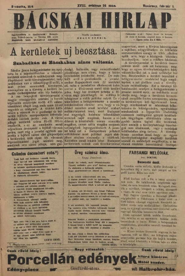 Bácskai Hirlap, 18. évf. 1914. február 1. 26. sz.