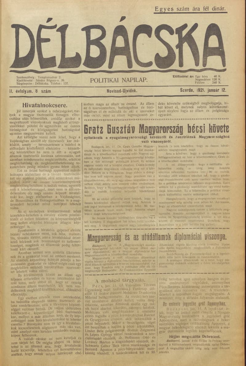 Délbácska, 2. évf. 1921. január 12. 8. sz.