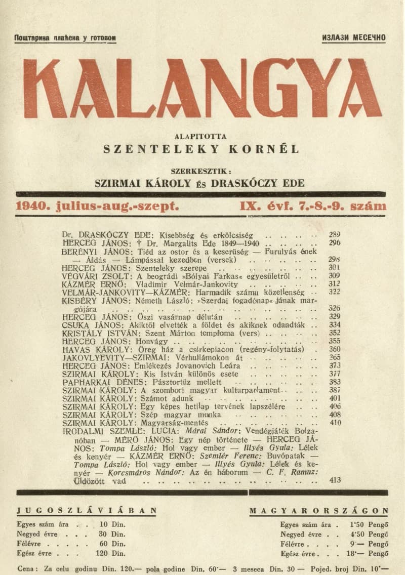Kalangya, 9. évf. 1940. július – szeptember. 7–9. sz. 289–428. oldal