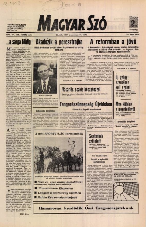 Magyar Szó, 46. évf. 1989. szeptember 11. 249. sz. 1–20. oldal