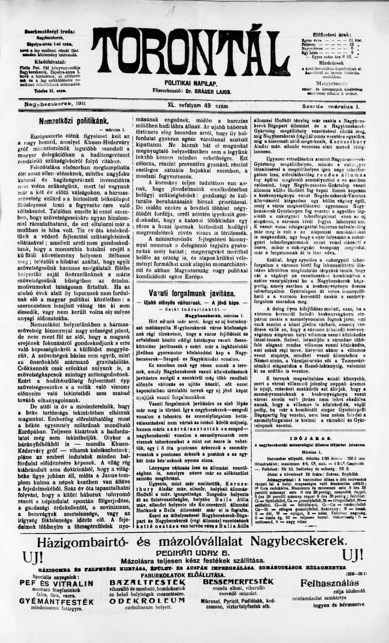 Torontál, 40. évf. 1911. március 1. 49. sz.