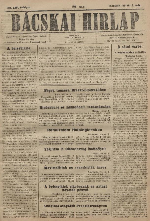 Bácskai Hirlap, 22. évf. 1918. február 5. 29. sz.