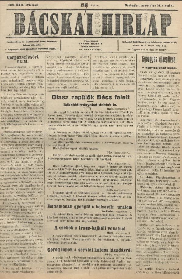 Bácskai Hirlap, 22. évf. 1918. augusztus 10. 179. sz.
