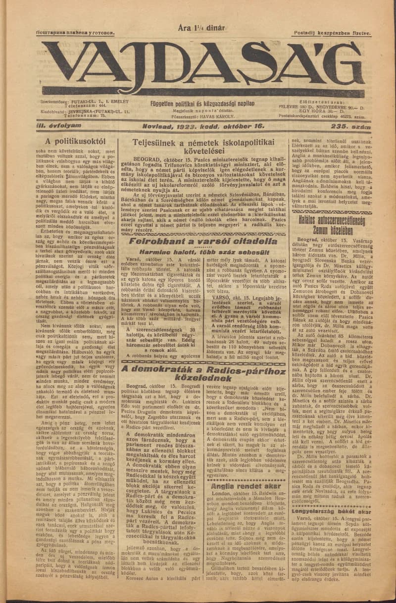 Vajdaság, 3. évf. 1923. október 16. 235. sz.