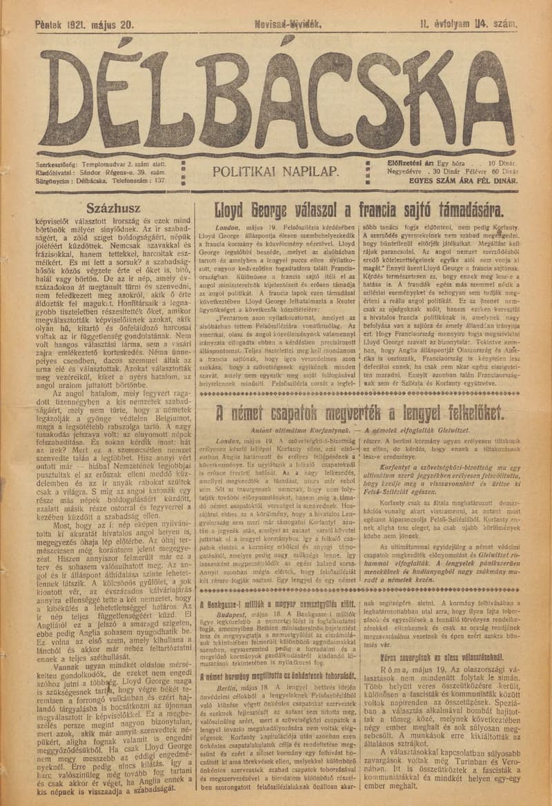 Délbácska, 2. évf. 1921. május 20. 114. sz.