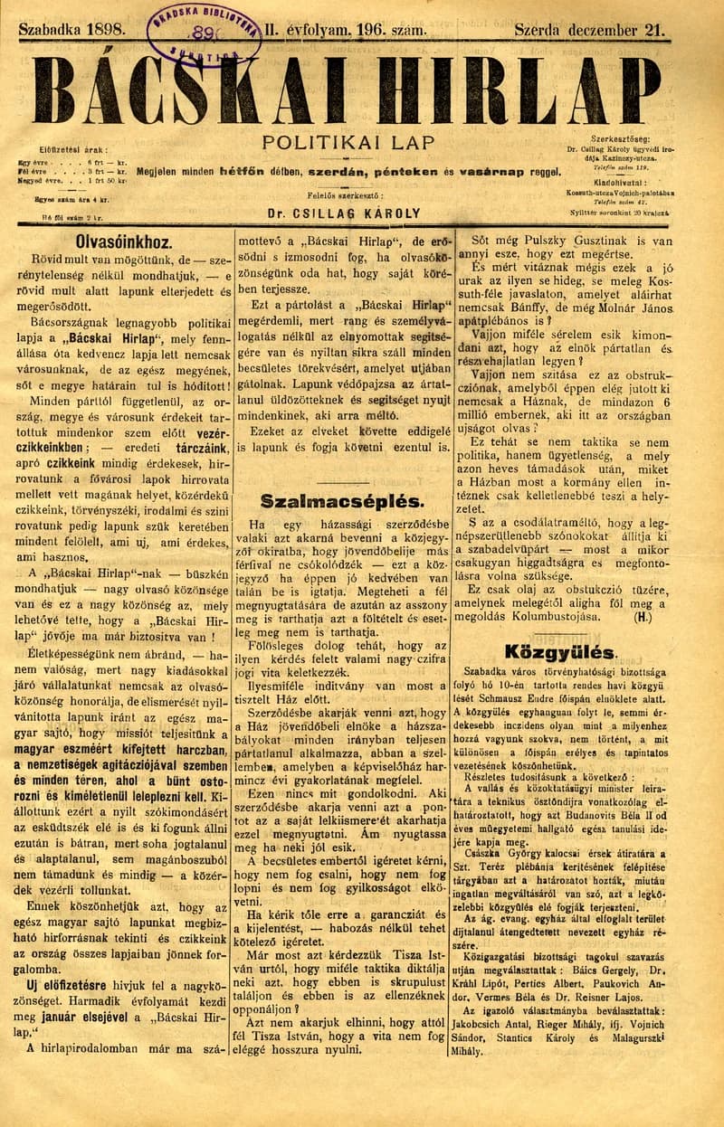 Bácskai Hirlap, 2. évf. 1898. december 21. 196. sz. 1–4. oldal