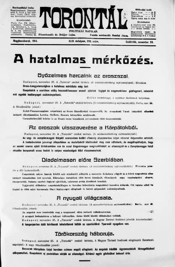 Torontál, 43. évf. 1914. november 26. 270. sz.