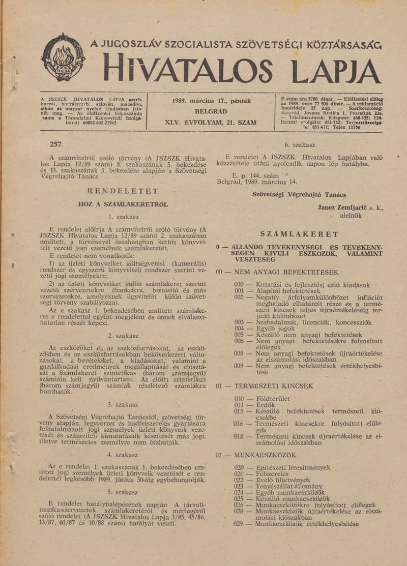 A Jugoszláv Szocialista Szövetségi Köztársaság Hivatalos Lapja, 45. évf. 1989. március 17. 21. sz. 505–568. oldal