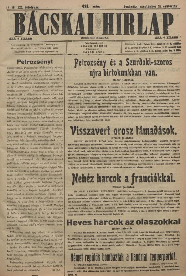 Bácskai Hirlap, 20. évf. 1916. szeptember 21. 431. sz.
