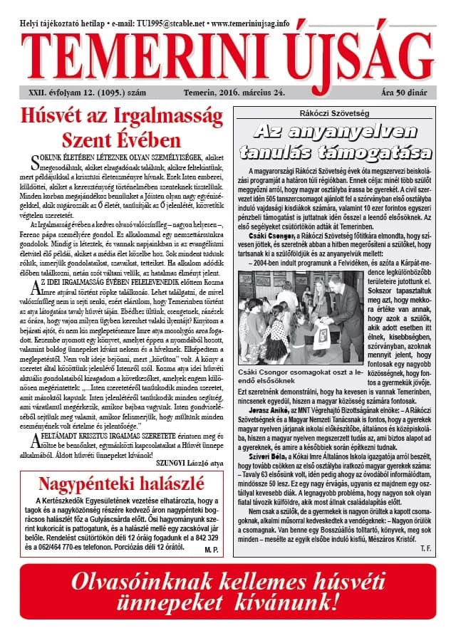Temerini Újság, 22. évf. 2016. március 24. 12. sz.