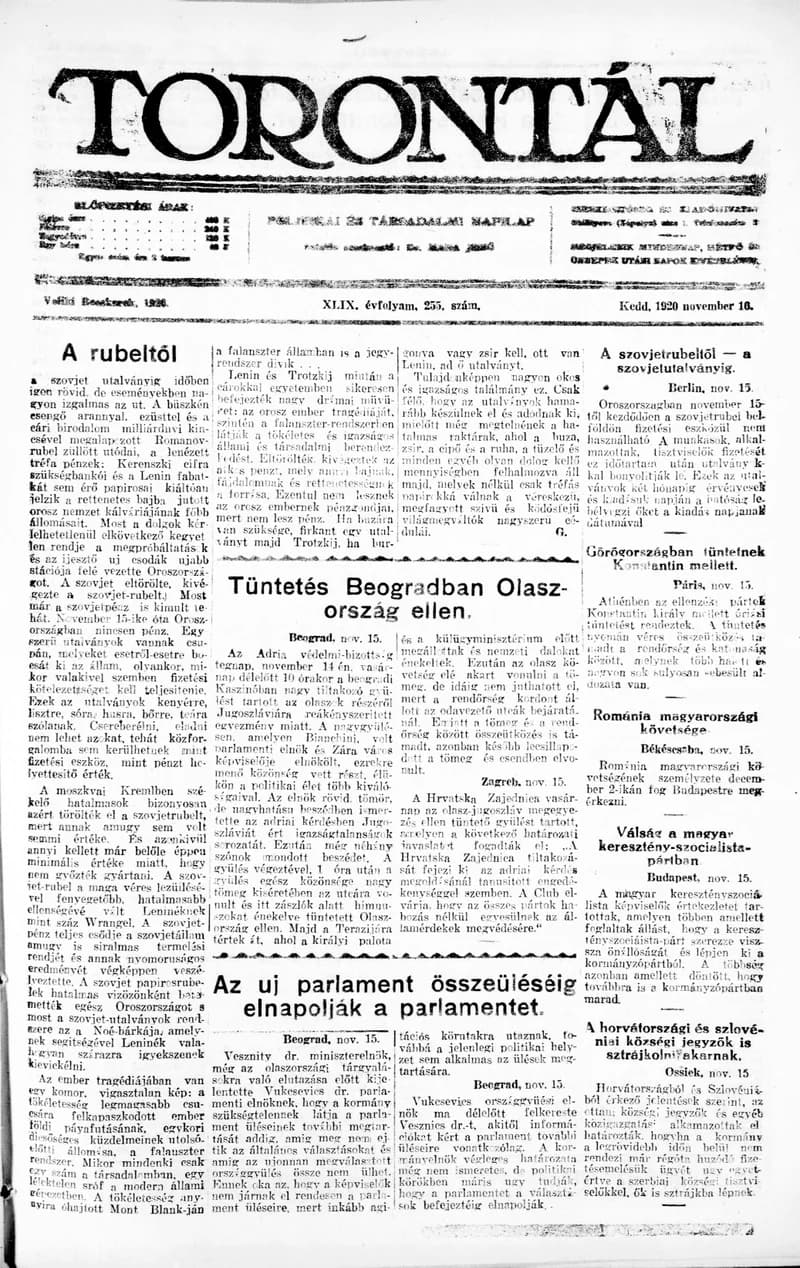 Torontál, 49. évf. 1920. november 16. 255. sz.
