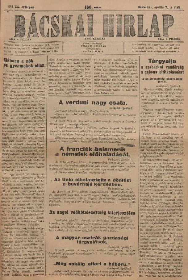 Bácskai Hirlap, 20. évf. 1916. április 7. 160. sz.